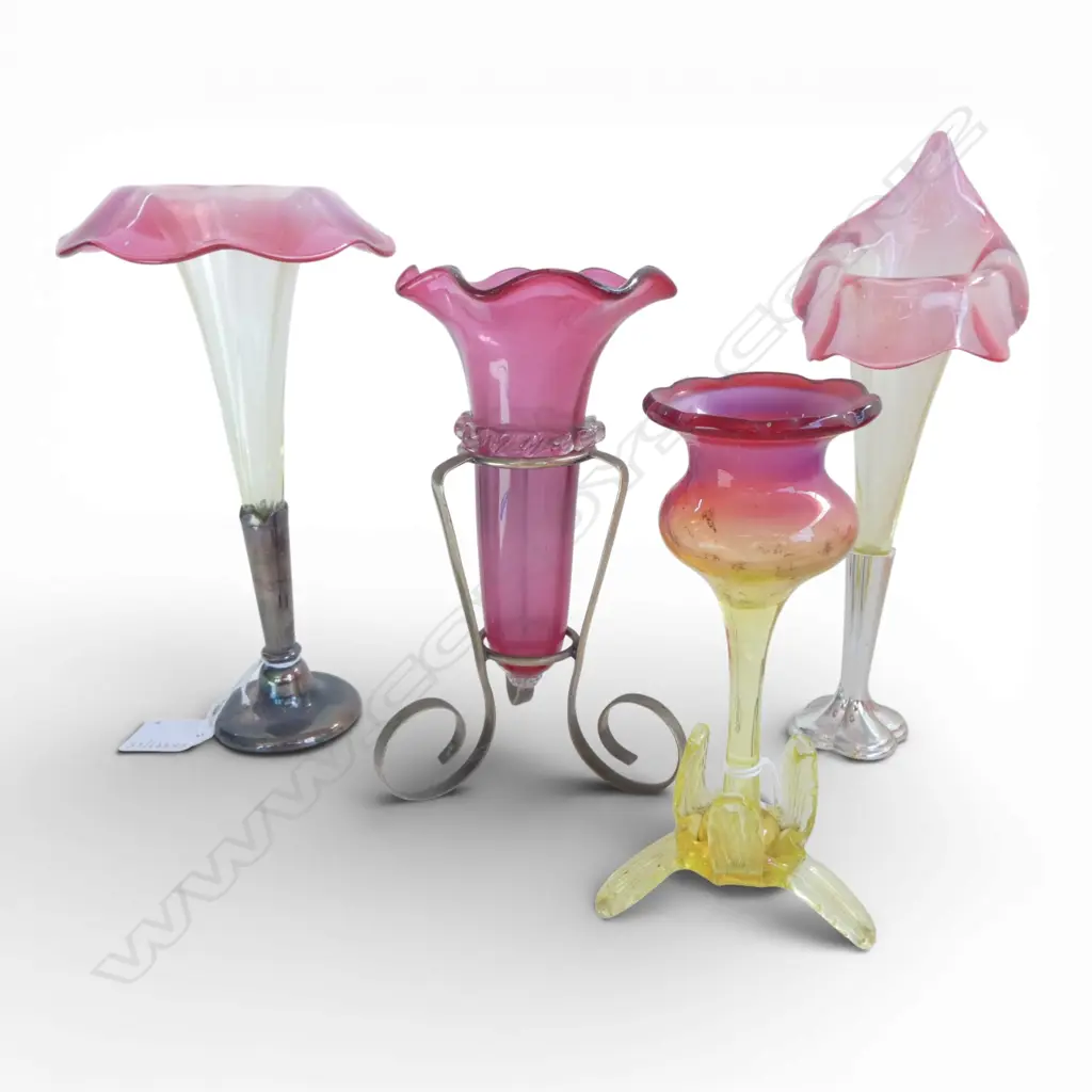 4 VINTAGE EDWARDIAN CRANBERRY GLASS SPECIMEN VASES Image 1++