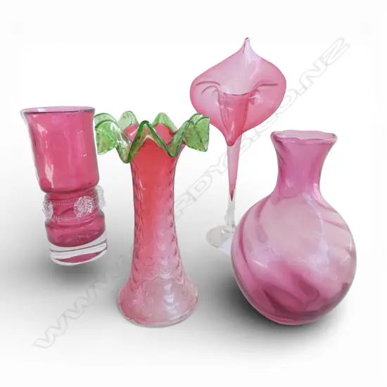 4 VINTAGE CRANBERRY GLASS VASES H290MM TALLEST