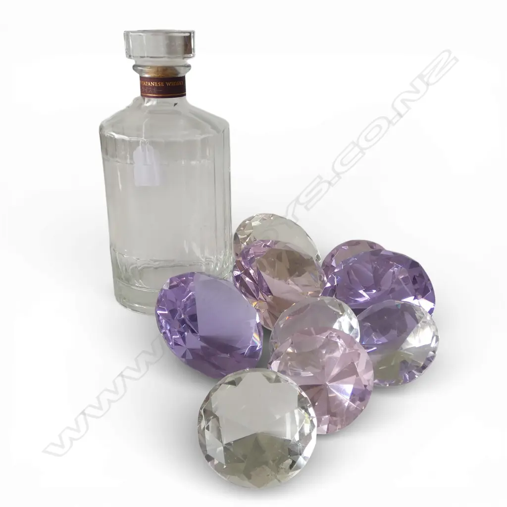 SUNTORY GLASS DECANTER + 9 FACETTED LGE GLASS 'GEMSTONES' some purple & pink Image 1++