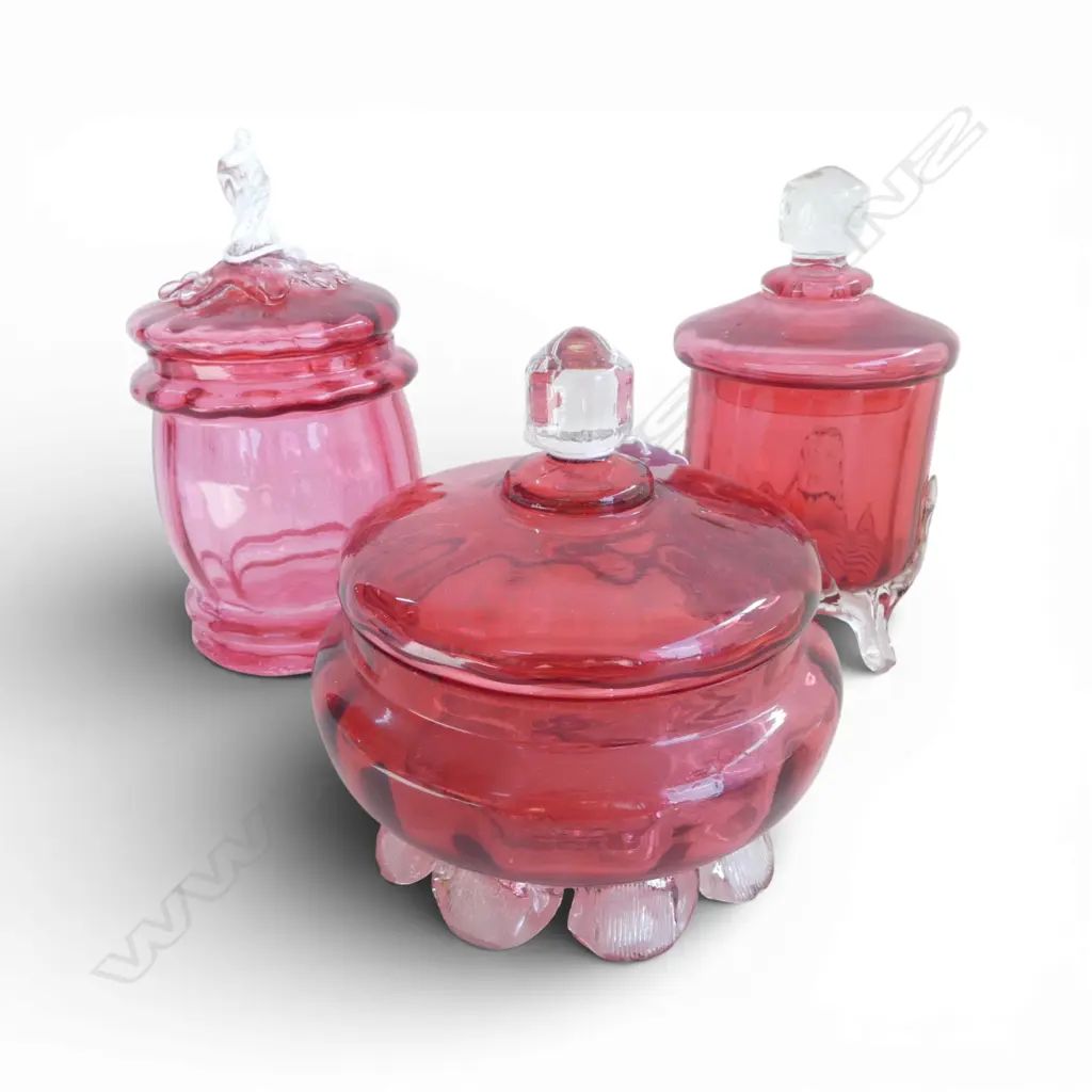 3 CRANBERRY GLASS LIDDED JARS 180MM TALLEST Image 1++