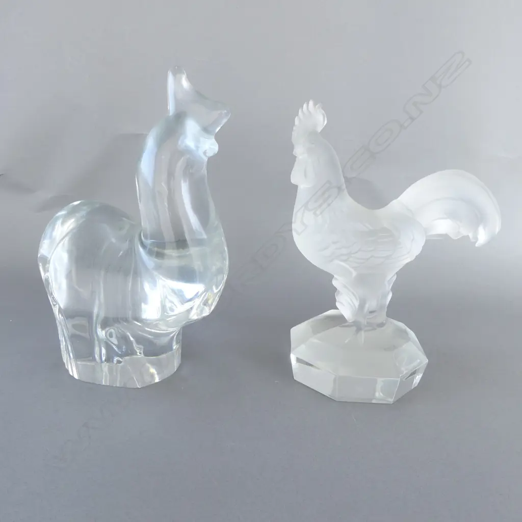 GOEBAL FROSTED GLASS ROOSTER etched mark + ORREFORS polished GLASS ROOSTER flake chip to base. Labelled. H.220mm Image 1++