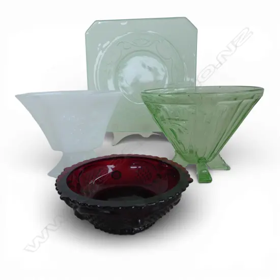 4 PCES GLASS; 2 GREEN DECO (chips) 230x230mm, MILK GLASS VASE, RED AVON BOWL