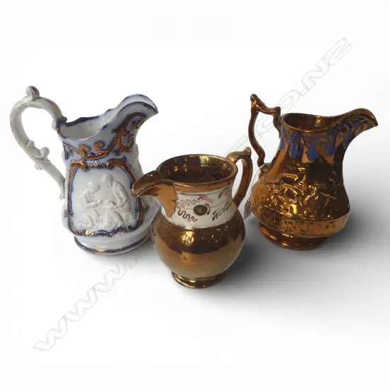 3 ANTIQUE LUSTRE JUGS, LARGEST w. HAIRLINE H.215mm