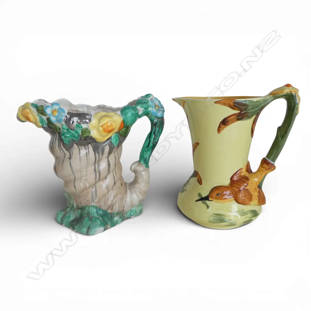 2 DECO JUGS; BURLEIGH WARE KINGFISHER, H. J. WOOD CHARLOTTE RHEAD CORNUCOPIA H.195mm Image 1++