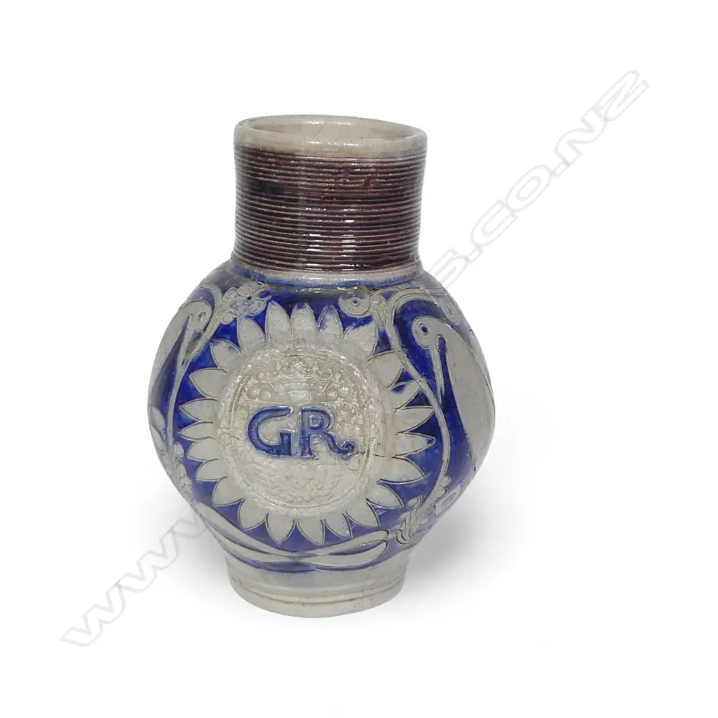 RARE early 18thC  'GR' (Geo. 1 or II) WESTERWALD JUG salt glazed stoneware. Extensively damaged & restored. H.215mm Image 1++
