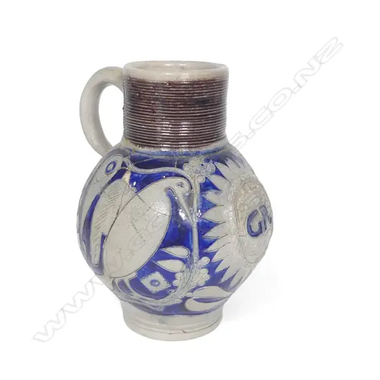 RARE early 18thC  'GR' (Geo. 1 or II) WESTERWALD JUG salt glazed stoneware. Extensively damaged & restored. H.215mm