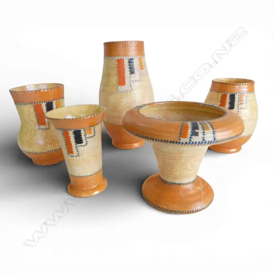 5 DECO CROWN DUCAL 'STITCH' PATTERN VASES, H.280mm tallest, pedestal vase repaired