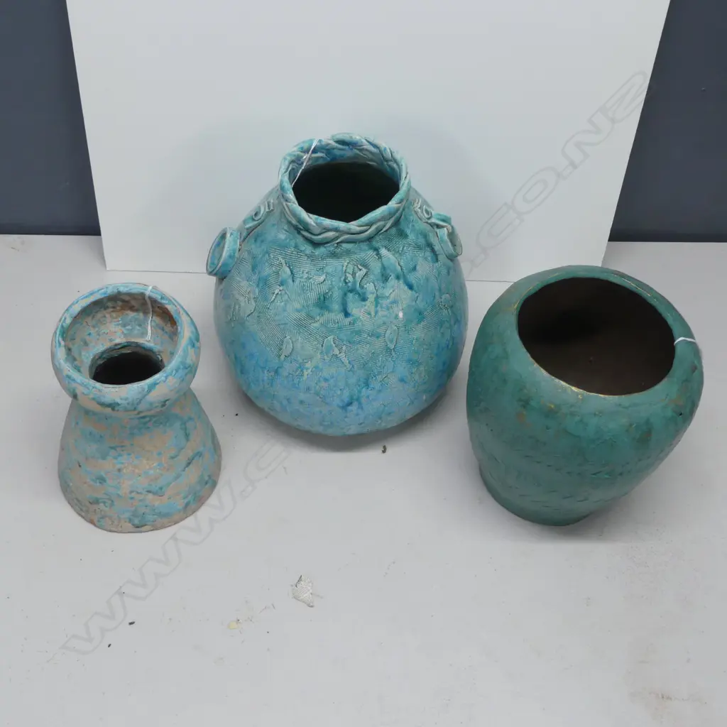 N.Z. STUDIO POTTERY BLUE GLAZE BASKET FORM VASE H.310mm + 2 OTHER BLUE GLAZE VASES Image 1++