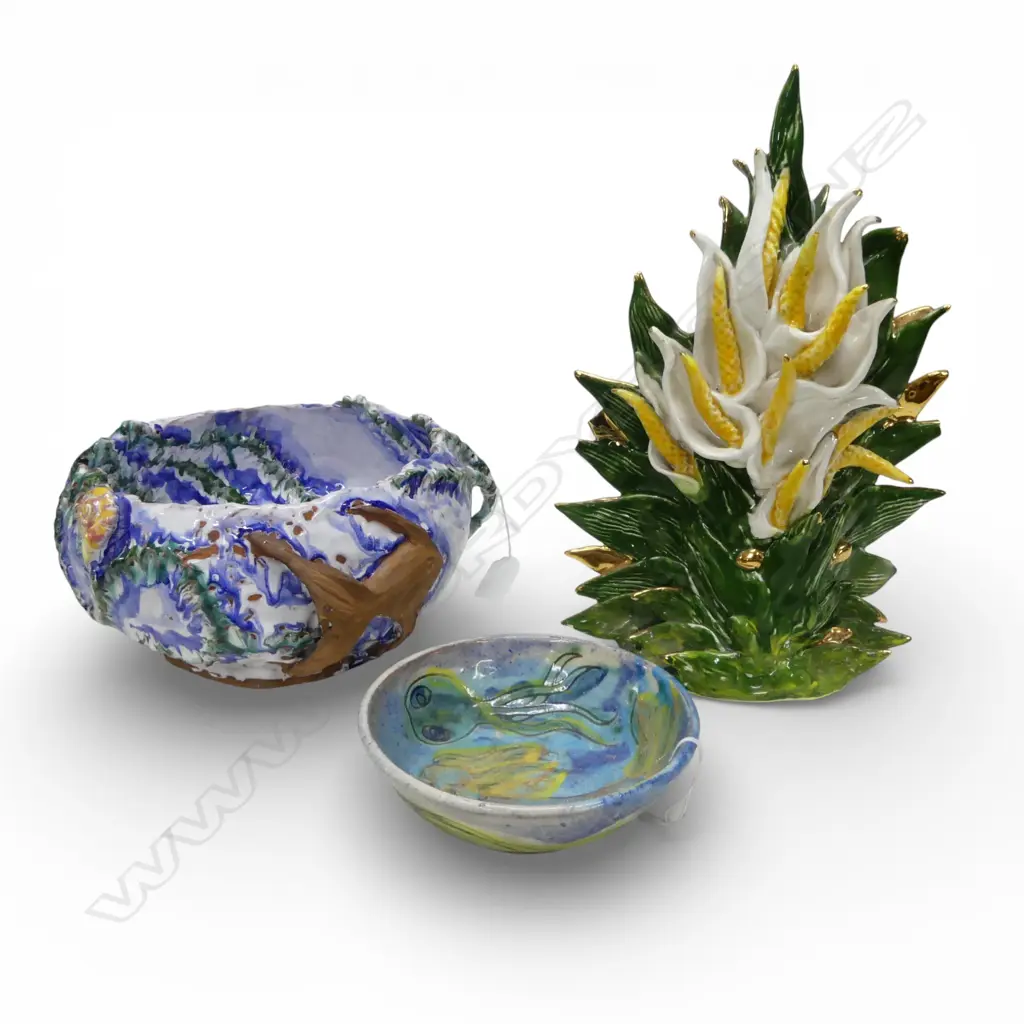 HEAVY STUDIO POTTERY BOWL with ocean motifs Dia.250, GLAZED DISH Dia.160 & POTTERY LILY VASE (FAULTS) H.330mm Image 1++