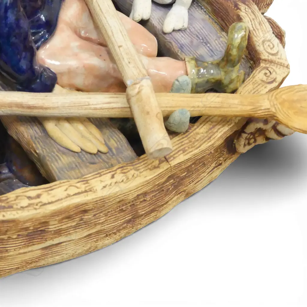 2 PCES JOHN GREEN STUDIO POTTERY; SAILOR IN SAIL BOAT L.415mm (OAR REPAIRED) + CREATURE Image 1++