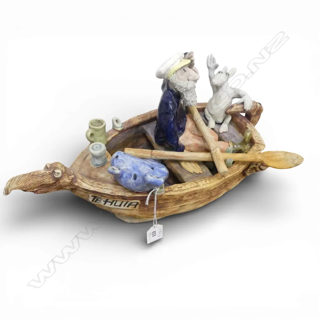 2 PCES JOHN GREEN STUDIO POTTERY; SAILOR IN SAIL BOAT L.415mm (OAR REPAIRED) + CREATURE Image 1++