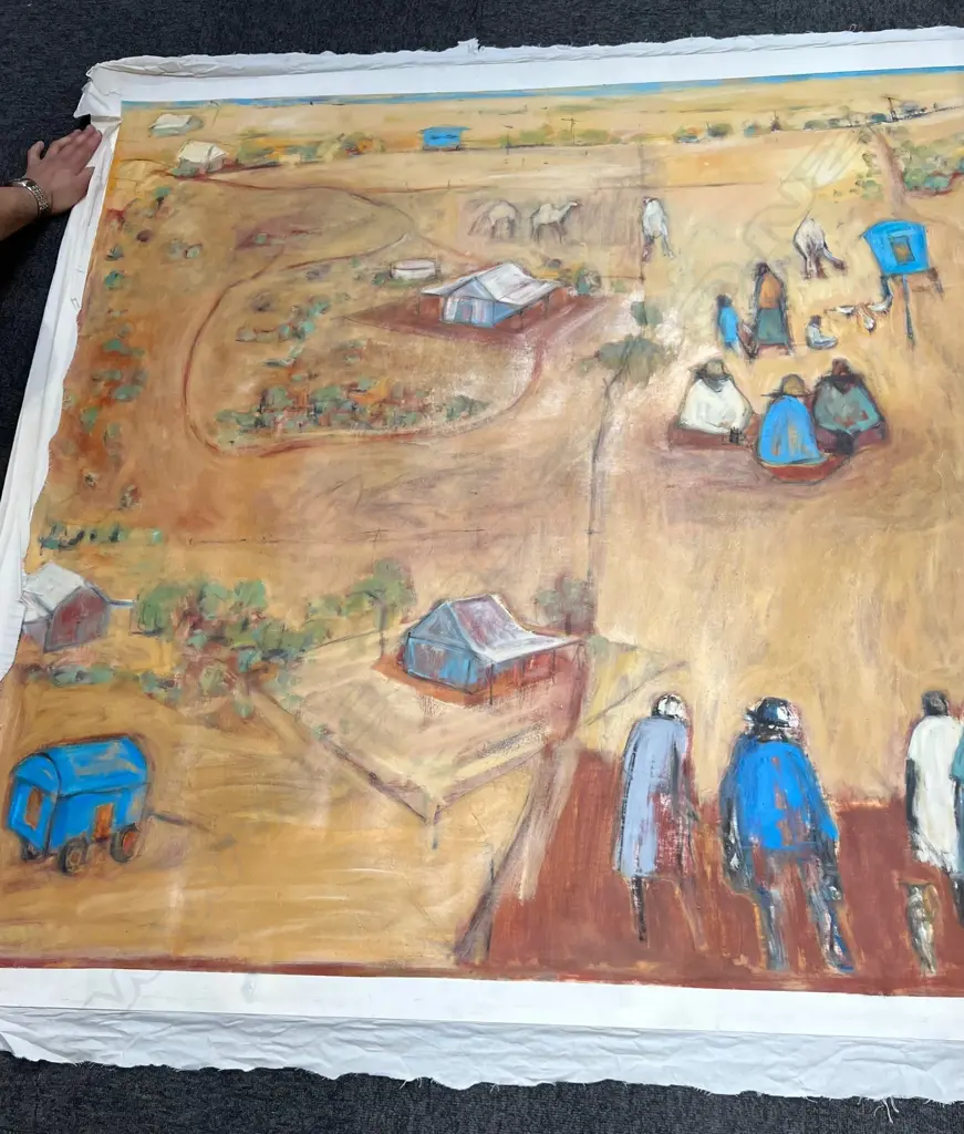 VERY LARGE (ARANDA) ABORIGINAL ACRYLIC PAINTING Rural village landscape houses & figures by S.Mc. 2005 1400 x 2200mm Image 1++
