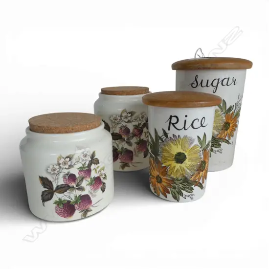 2 PRS VINTAGE / RETRO KITCHEN STORAGE CONTAINERS; CROWN DEVON H.210mm & TITIAN STRAWBERRY PATTERN