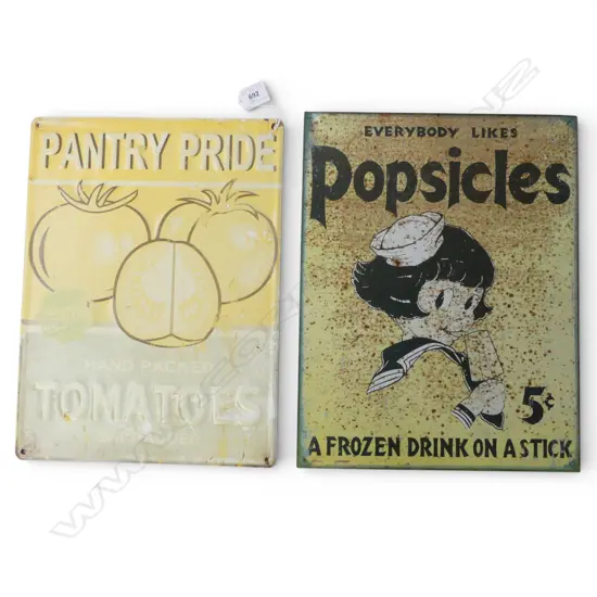 2 VINTAGE STYLE METAL ADVERTISEMENTS 400x300mm 'PANTRY PRIDE TOMATOES / POPSICLES'