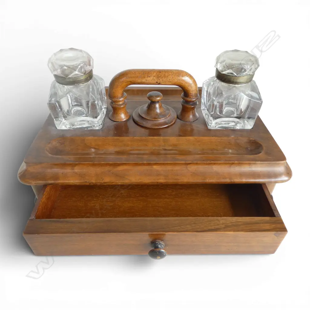 Victorian walnut twin glass ink bottle desk stand with drawer and overhead handle W.280mm  Image 1++