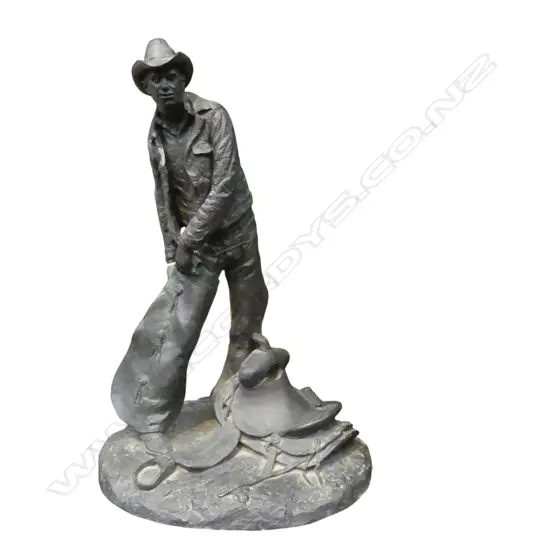BRONZE RESIN COWBOY FIGURE; MICHAEL C. GARMAN 'TAKING THE ROUGH OFF' 1972 H.390mm...