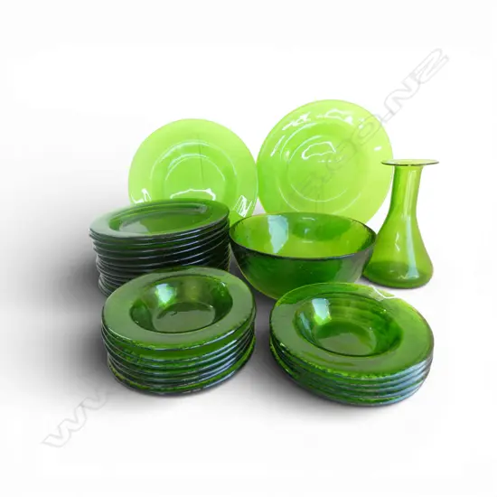 'FINLAND' GREEN GLASS SET: 2 LGE PLATTERS + 12 PLATES + 12 BOWLS + LGE BOWL + hand blown carafe. Etched mark 