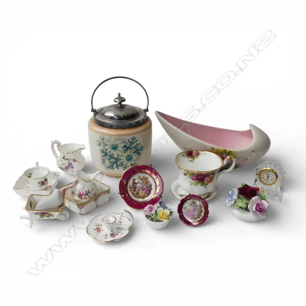 ASST. MINIATURE FLORAL CHINA, WATERFORD DESK CLOCK, BISCUIT BARREL & CROWN DEVON VASE  Image 1++