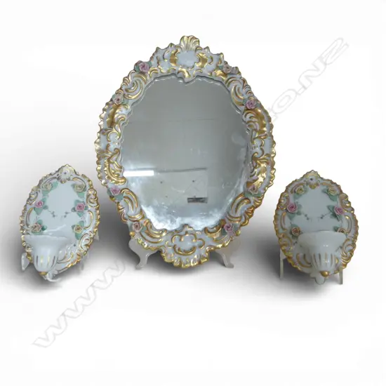 DRESDON CHINA FRAMED WALL MIRROR H340 & PR DRESDON CANDLE WALL SCONCES H160MM