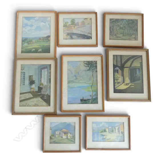 COLLECTION 8 SMALL VINTAGE PRINTS of PAINTINGS by WINSTON CHURCHILL + letter from House of Commons about them