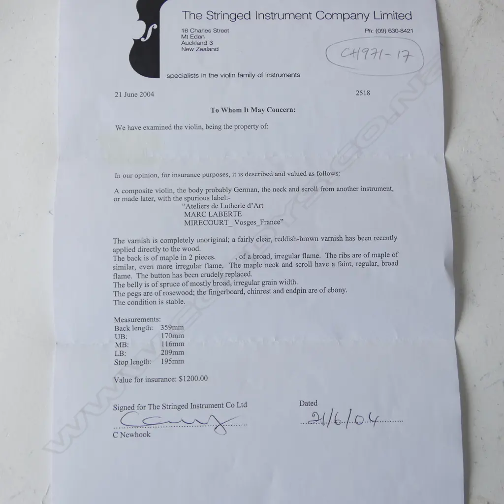 OLD VIOLIN WITH VALUATION 'Composite violin' w German body.. with spurious label...Ins val. $1200 Image 1++