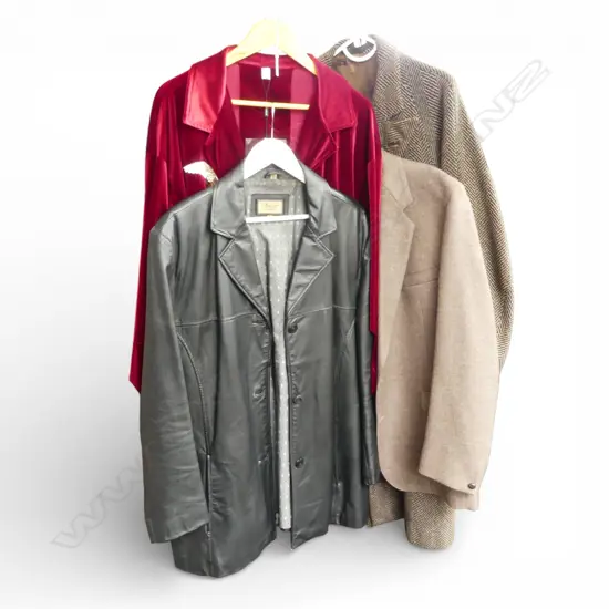 4 COATS; RED VELVET, 2 MENS GREY WOOL, BLACK LEATHER SIZE 3X