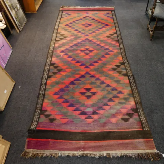 Large Hand woven Kelim 3 geometric diamond medallion rug red & blue tones minor faults 3770 x 1390mm