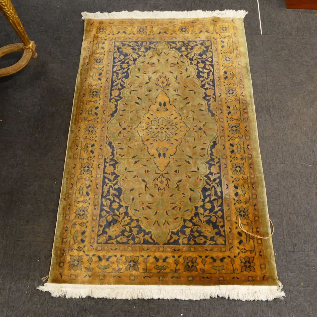 Persian silk like hand knotted curvilinear design rug with gold tones some wear. 1860 x 1170mm Image 1++