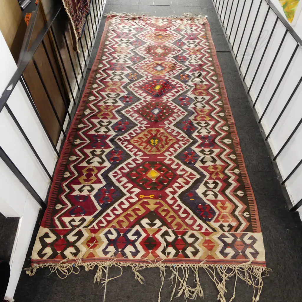 Kelim hand woven nine geometric medallion runner rug 3770 x 1490mm Image 1++