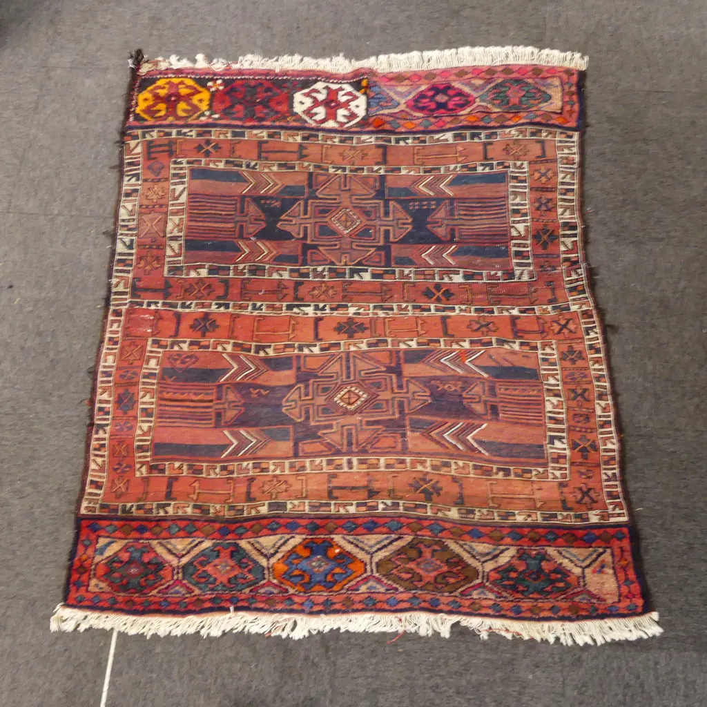 Mixed weave tribal Persian rug with pile fringes geometric Kelim main body 1550 x 1330mm Image 1++