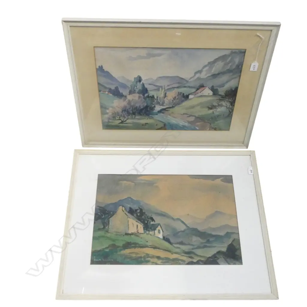 GWYNETH RICHARDSON, 'IN WALES' W/C 350x525 + COUNTRY LANDSCAPE w. RIVER W/C 355x505mm Image 1++