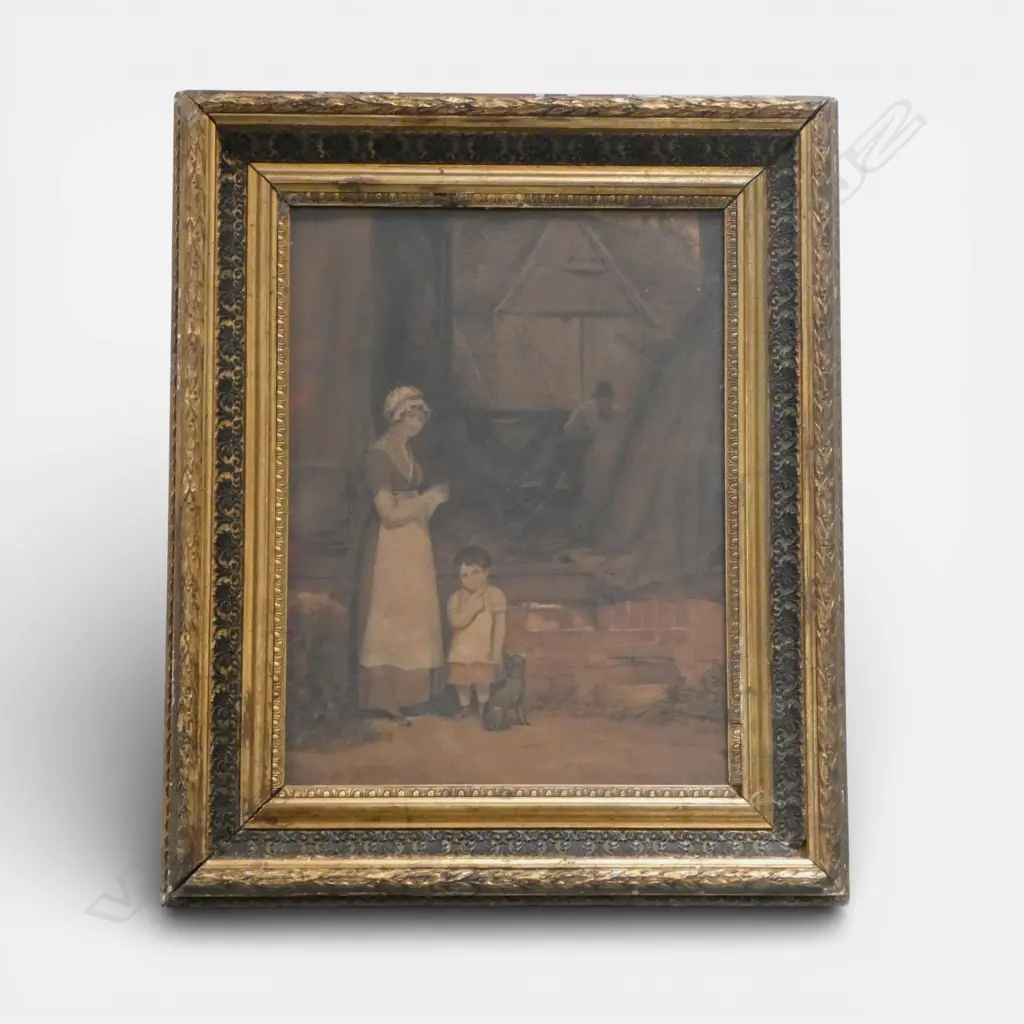 19TH C. ARTIST UNKNOWN, MOTHER AND CHILD IN A BARN, WATERCOLOUR IN GILT PERIOD FRAME, 275 X 205MM Image 1++