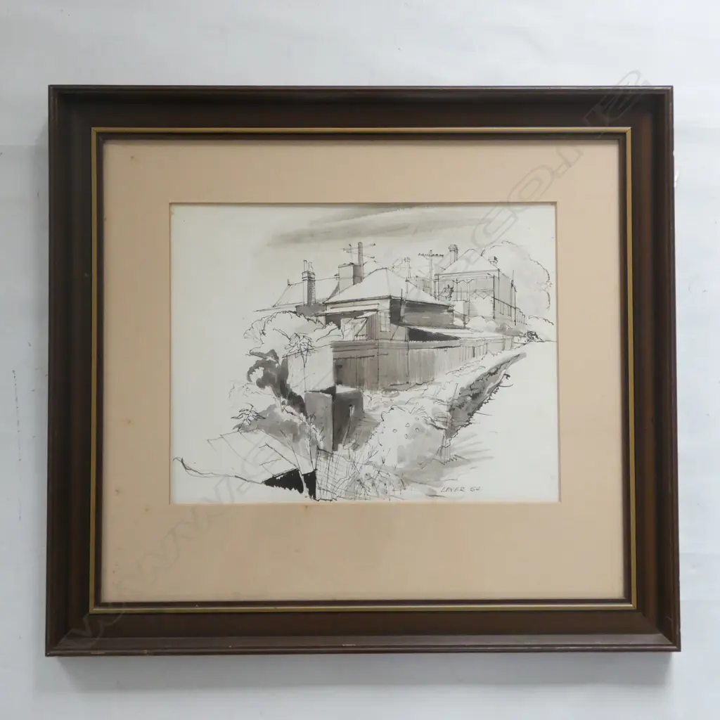 SIGNED LEVER OLD HOUSES IN INNER AUCKLAND 1954 PEN AND INK 270 X 340mm Image 1++