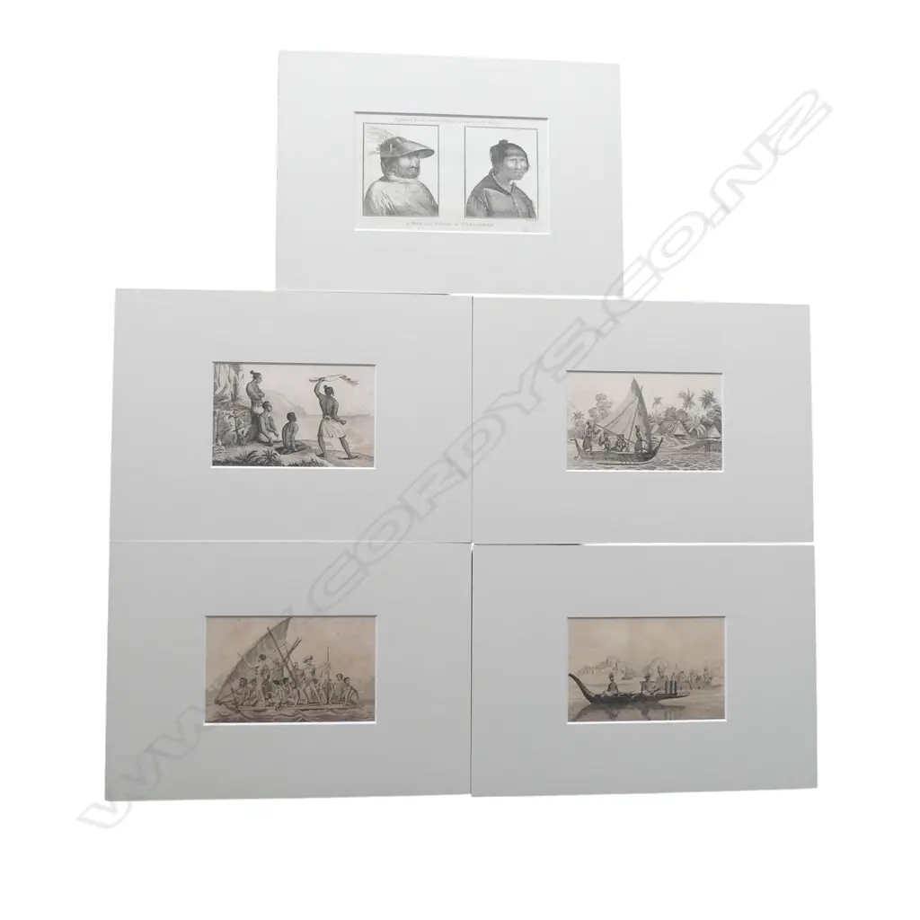 5 c1830's ENGRAVINGS: Indigenous People of Rotuma Is. by Rienzi for early voyages 85 x 140mm approx. each matted Image 1++