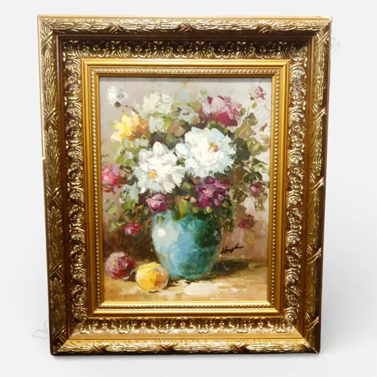 FLORAL STILL LIFE OIL ON CANVAS SIGNED 390 x 290mm IN ORNATE GILT FRAME DAMAGE TO EDGE OF FRAME