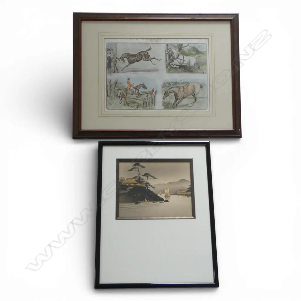 A 19TH C. HUNTING PRINT 260 X 360mm AND A FRAMED CHINESE WATERCOLOUR WITH GOLD HIGHLIGHTS 180 x 235mm Image 1++