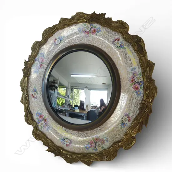 CONVEX MIRROR w. BRASS & CERAMIC FRAME 350mm dia - professional repair to ceramic