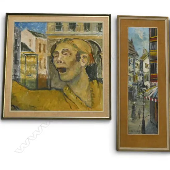 2 ARTWORKS; OIL ON CANVAS 545x550mm, SIGNED STREET SCENE, ACRYLIC ON BOARD 660x180mm