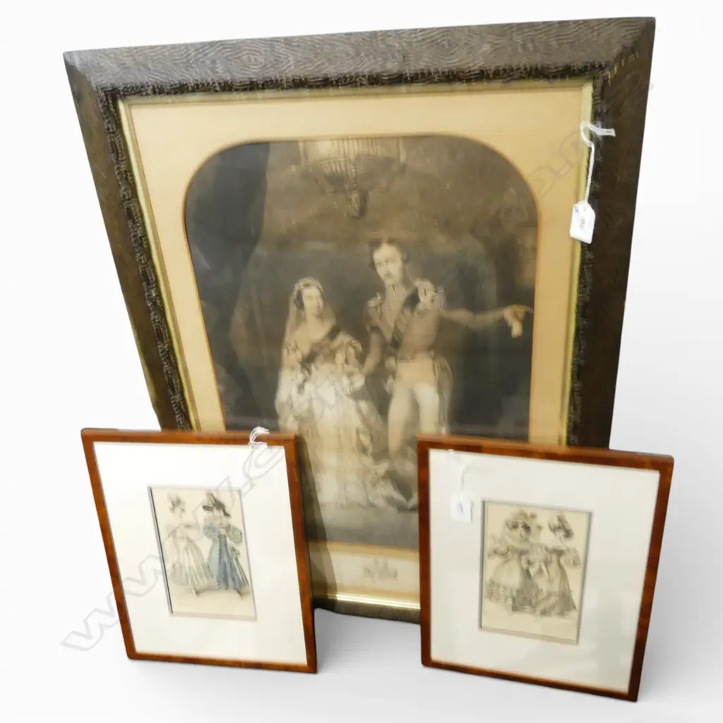 GROUP OF 19th C. PRINTS INCL FASHION PLATES AND QUEEN VIC MARRIAGE PORTRAIT IN PERIOD FRAME 530 X 380mm Image 1++
