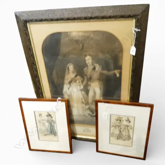 GROUP OF 19th C. PRINTS INCL FASHION PLATES AND QUEEN VIC MARRIAGE PORTRAIT IN PERIOD FRAME 530 X 380mm