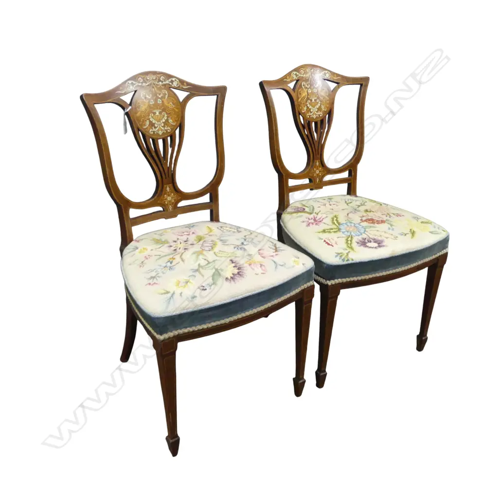 PR ANTIQUE INLAID DINING CHAIRS w. NEEDLEWORK SEATS Image 1++