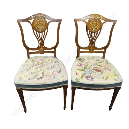 PR ANTIQUE INLAID DINING CHAIRS w. NEEDLEWORK SEATS