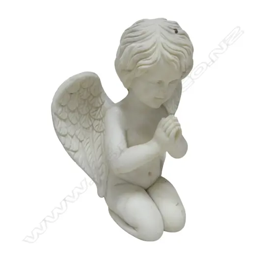 Carved white marble winged cherub, with broken wing. H.400mm