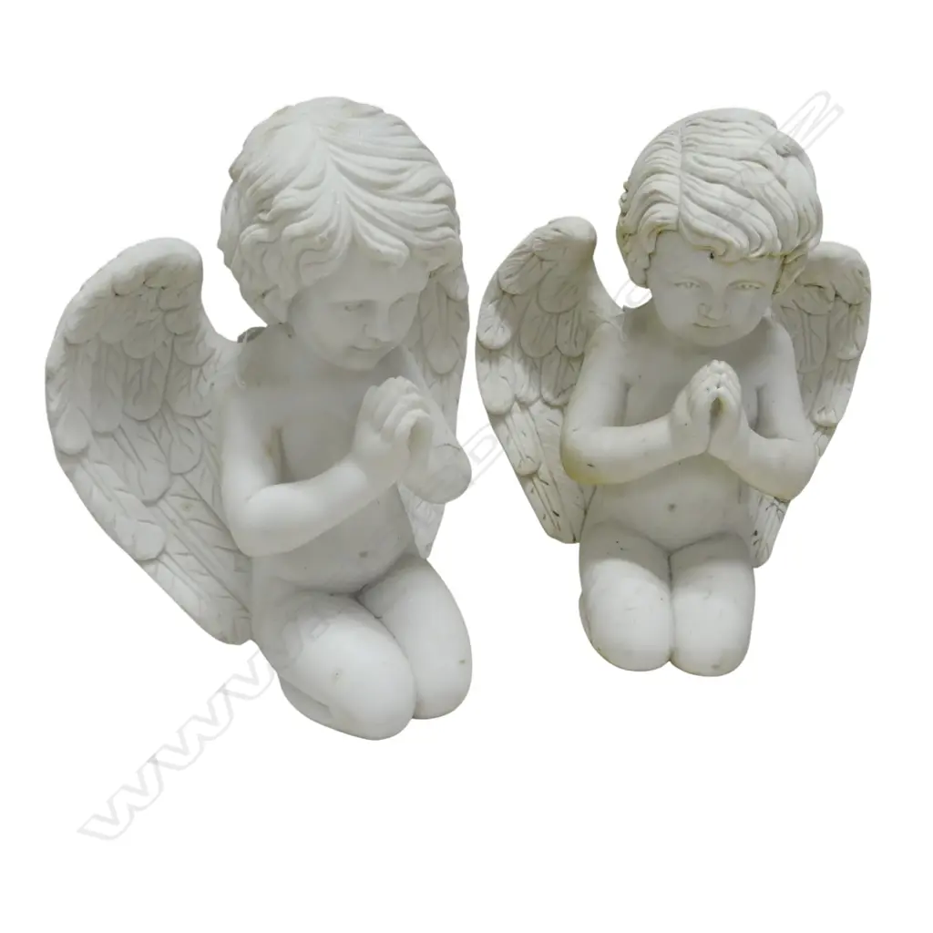 Pair of carved white marble winged cherubs praying one with broken wing. H400mm Image 1++