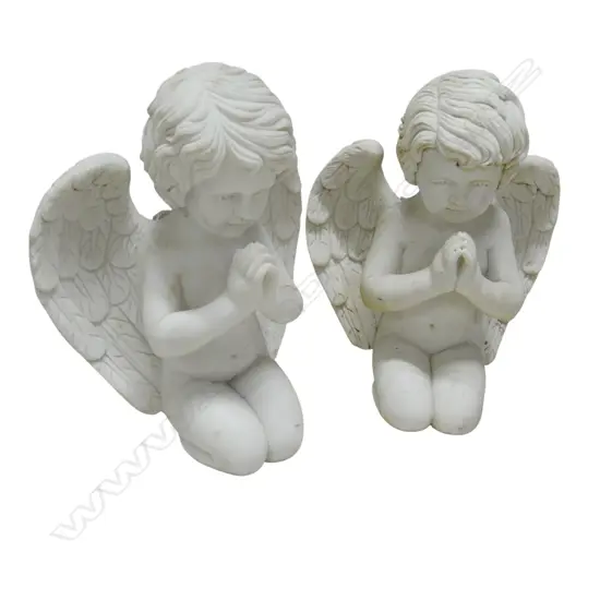 Pair of carved white marble winged cherubs praying one with broken wing. H400mm