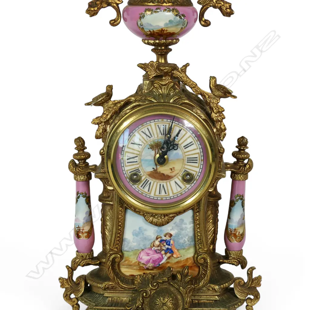 A French antique style 20thC three-piece clock garniture set, Image 1++