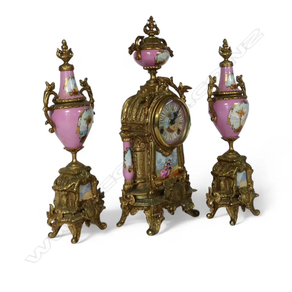 A French antique style 20thC three-piece clock garniture set, Image 1++