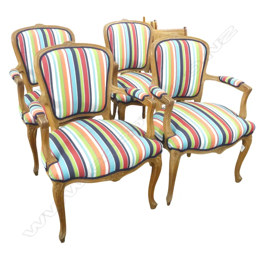 4 FRENCH STYLE BERGERE ARMCHAIRS BY KANDYA MEREDEW IN NON-FADE STRIPED SUNBRELLA FABRIC Image 1++