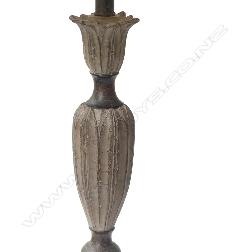 PR OF TALL CARVED WOODEN LAMP WITH CREAM LINEN SHADE, BOTH WORKING, H.880MM Image 1++
