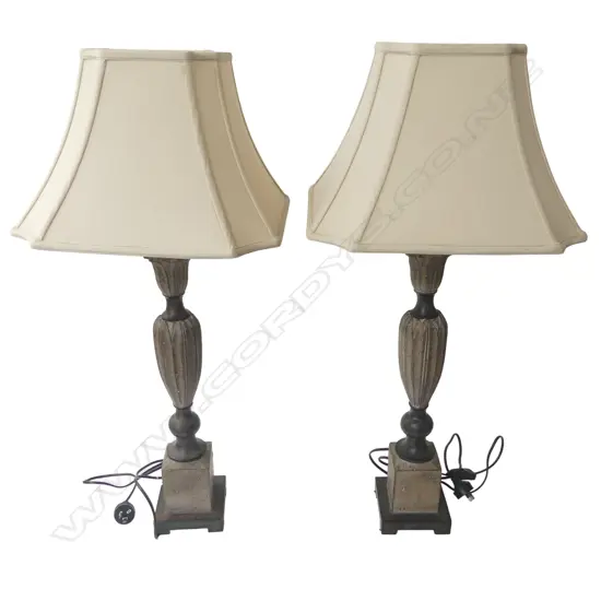 PR OF TALL CARVED WOODEN LAMP WITH CREAM LINEN SHADE, BOTH WORKING, H.880MM